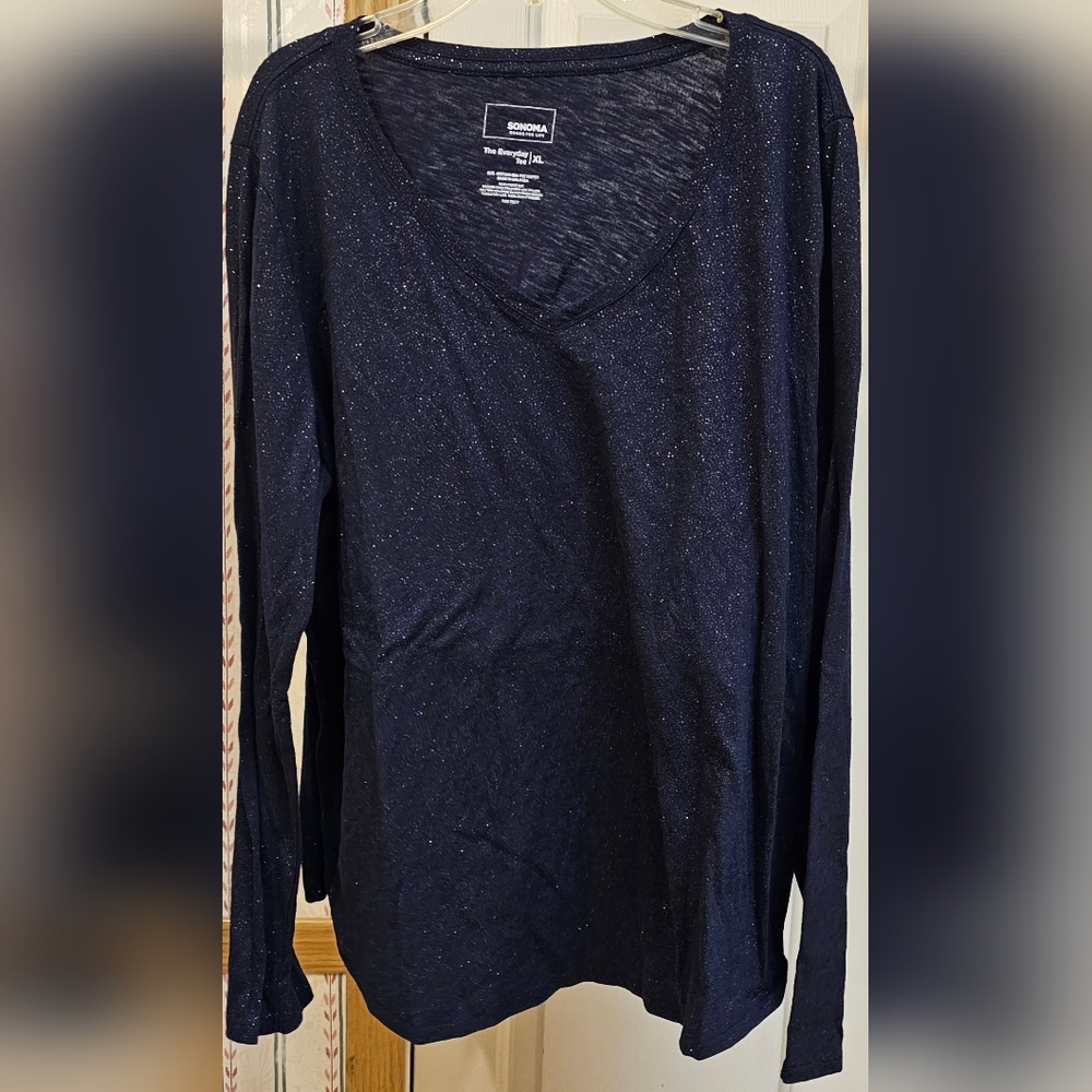 Sonoma goods for life everyday tee long sleeve Navy sparkle women's v neck XL